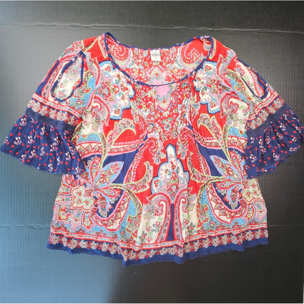 Bila Paisley Boho Peasant Top Red Blue Bell Sleeve Cold Shoulder Large WG-072